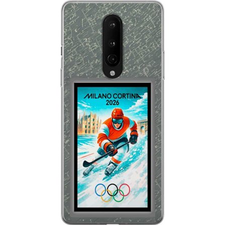 Yhteensopiva Puhelinkuori OnePlus 8 Curlingkuvitus pelaajilla ja kivillä jäällä, Milano Cortina 2026, lumisia roiskeita ja olympiasormukset