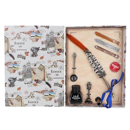 Retro Rostfritt Stål Nibs Doppa Skrivfjäder Penna Vax Set Gåva med Förpackningslåda (Typ 2)