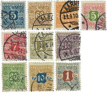 Danmark 1907 - Avisportomærke AFA 1-10 - Stemplet
