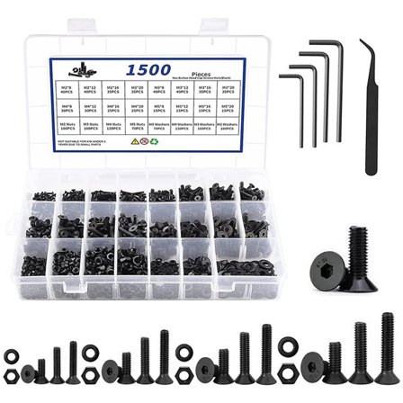 Kasse med sekskantskruer, møtrikker og skiver 1500 stk. i legeret stål