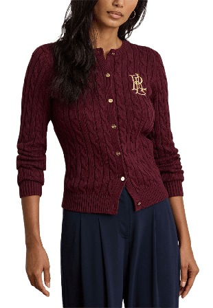 Lauren Ralph Cable-Knit Cotton Cardigan Stickat Dam Röd L