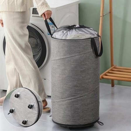 Vasketøjskurv med hjul og bærestrop - Grå