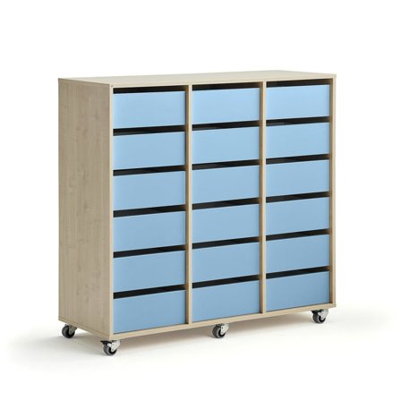 Elevförvaring CASPER, 18 lådor, hjul, björk, himmelsblå