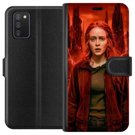 Kompatibelt Plånboksfodral till Samsung Samsung Galaxy A02s Porträtt av en ung kvinna med rött hår i en apokalyptisk landskap, röda blixtar och m