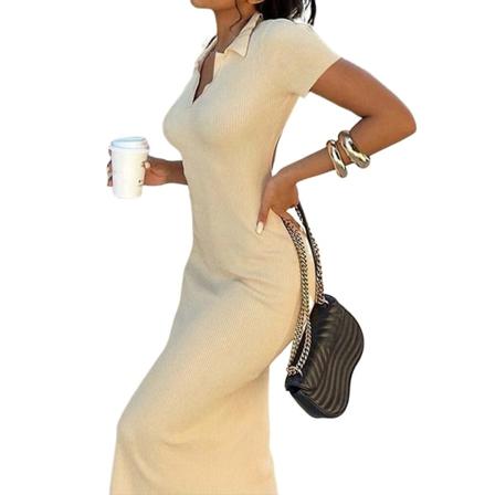 Kvinnors Sommarklänningar Bodycon Casual V-hals Sidenslits Kortärmad Stickad Klänning För Kvällsmiddag Utekväll Apricot M