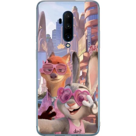 Yhteensopiva Puhelinkuori OnePlus OnePlus 7T Pro Animoituja eläimiä aurinkoisessa kaupunkiympäristössä, joilla on pinkit aurinkolasit ja positiiv