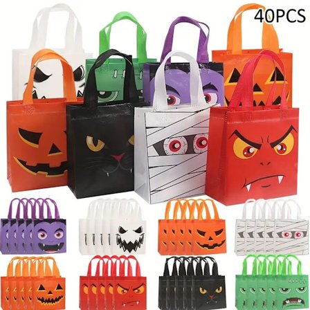 40 Halloween Lahja- ja Ostoskassia, Karkki vai kepponen -kassit, Taitettava Kuitukangas Kahvoilla, 20 x 19,5 x 9 cm (Sekavärit)