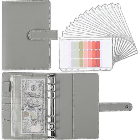 A6 Budjettikansio käteiskuorilla, PU-nahkainen muistikirjakansio - Vihreä-harmaa