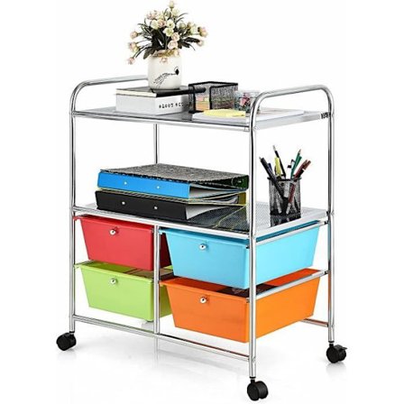 COSTWAY opbevaringstårn, vogn på hjul - 4 skuffer og 2 hylder 63,5 x 37 x 75 CM Farverig metalramme