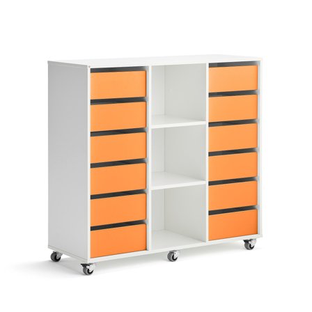 Student storage CASPER, 12 drawers, 3 compartments, white, dark green