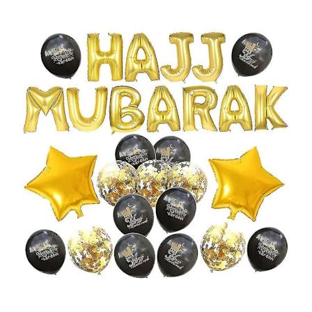 Hajj Mubarak -tekstiä sisältävät lateksipallon koristeellinen juhlallinen taustakuva pallosetti Eid Al-Fitr -juhlaan (musta ja kulta)
