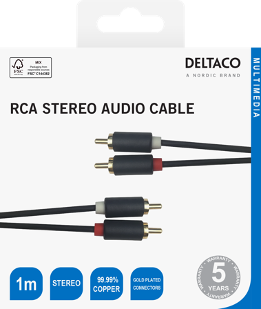 Deltaco Audio cable, 2xRCA, gold-plated connectors, 1m, black