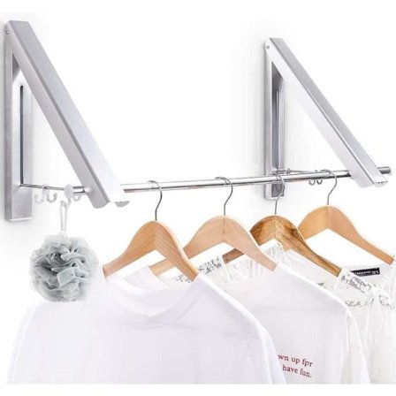 Klesstativ, sammenleggbart veggmontert klesstativ med 40 cm lang stang, med krok, stropp