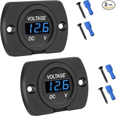 2-pak DC 12V 24V Vandtæt Bil Voltmeter LED Digital Display Panel, Rund Spændingsmåler med Terminaler til Bil/Motorcykel/Campingvogn