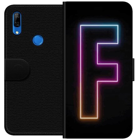 Yhteensopiva Lompakkokotelo Huawei Huawei P Smart Z Neonkirjain F vaaleanpunaisella, sinisellä ja keltaisella valokehyksillä tummaa taustaa vasten,