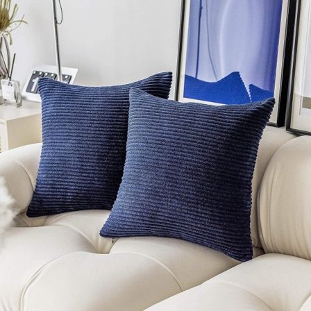 IC Blå slängkuddar för soffa Marinblå dekorativa kuddfodral Set med 2 randiga plysch manchester soffa Sovrum, 18x18 tum, Marinblå