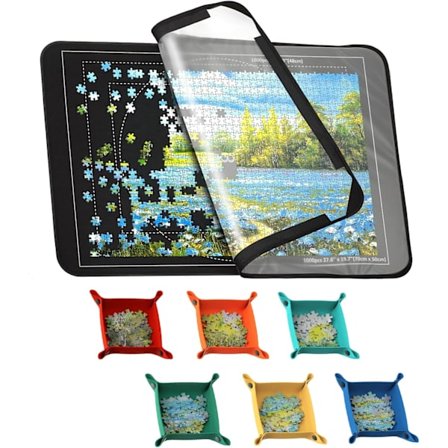 Puslespilsplade - 1000 brikker, 500 brikker, puslespilsopbevaringsplade, 81x55 cm, puslespil tilbehør (6 sorteringsbakker, 1 gennemsigtigt låg)