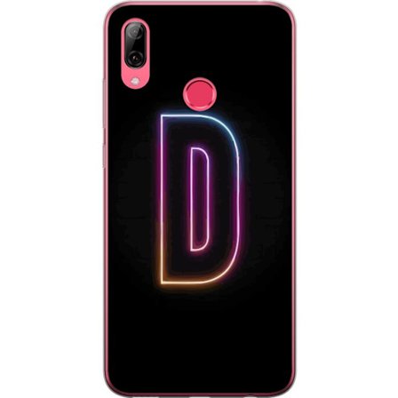 Yhteensopiva Puhelinkuori Huawei Huawei Y7 (2019) Minimalistinen neonkirjain D väriä vaihtavassa valossa mustaa taustaa vasten modernissa digitaalis