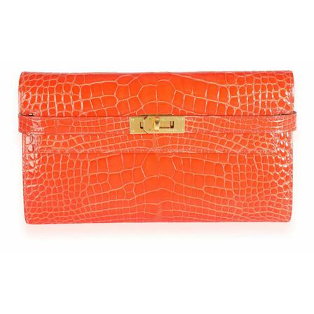 Hermès Vintage, Hermes Tangerine Shiny Alligator Classic Kelly Wallet Ghw 50349 Oranje, Dames, Maat:ONE Size