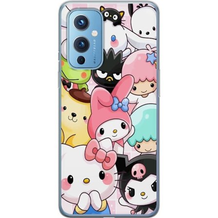 Kompatibelt Mobildeksel til OnePlus 9 Tett mønster av søte figurer med store øyne i ulike farger og uttrykk med LABUBU-tekst