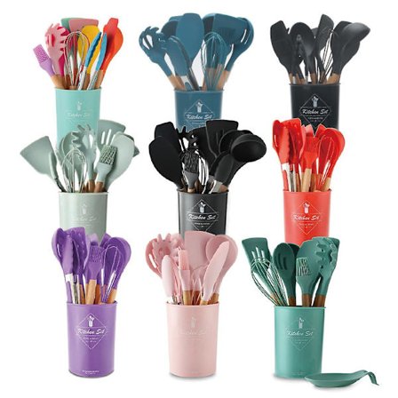 Silikon kjøkkenredskap sett Naturlig Acacia tre kjøkkenredskaper Silikon kjøkkenredskap sett