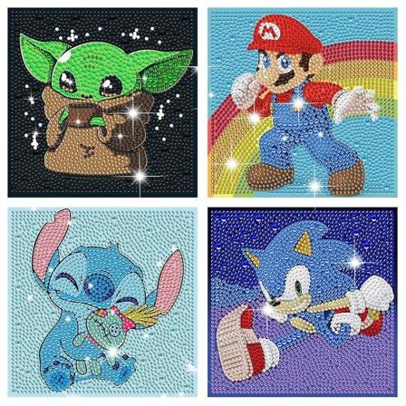 4 stk/sett Full Drill 5d Diamond Painting Diy Kit Kids Diamond Picture Arts And Crafts Toys Yoda Mario Sonic Stitch Bursdagsgavene