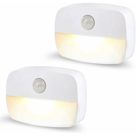 Nattlys med bevegelsessensor, [2 stk] Innendørs varm hvit LED-bevegelsessensor, selvklebende nattlys, skaplys, automatisk på/av-sensorlys for 