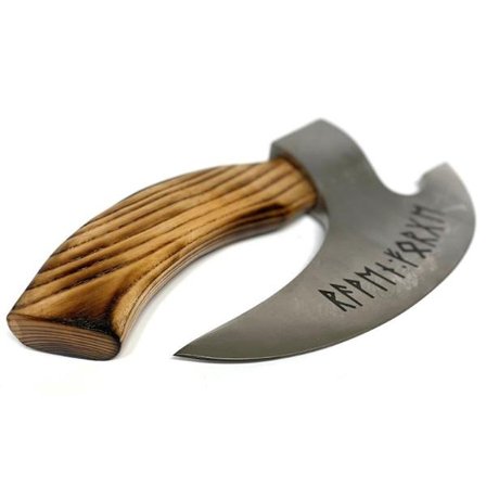 Handgjord kniv/yxa för örter/pizza med runskrift