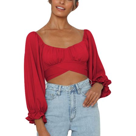 Dam Off Shoulder Frill Wrap Crop Top Elastisk Manschett Lång Puffärm Knytband Rygg Party Resa Storlek 3 XL