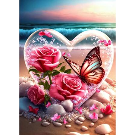 Blomsterhjerte Diamantkunstsett, 5D DIY Full Drill Seaside Butterflies Mal med Diamanter, Krystall Gem Art for Hjemmeveggdekor 12 x 16 tommer