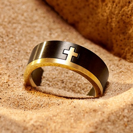 Unity | 8 mm Black and Gold-tone Cross Ring for Men - Steel rings
