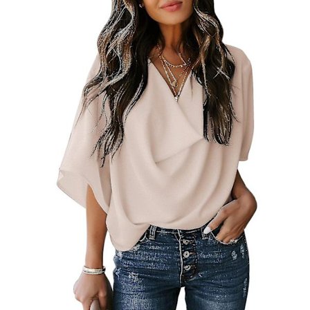 Dame Rynket Topper V-hals Kort Flaggermusermer Erme Løs Ren Farge Dame Casual Bluse For Fest Kontor Reise