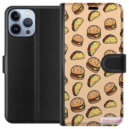 Apple iPhone 13 Pro Max Plånboksfodral Hamburgare och tacos i tecknad stil med smält ost, sallad, krispiga skal och roliga figurer. Färgglad street