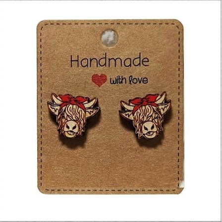 1 Par Highland Cow Øredobber, Øredobber i tre med kveg, Landlige ku-øredobber, Gaveøredobber til kvinner på landet