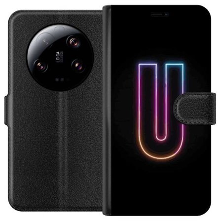Yhteensopiva Lompakkokotelo Xiaomi Xiaomi 13 Ultra Minimaalinen neonkirjain U kirkkaalla valaistustehosteella mustaa taustaa vasten