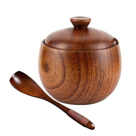 Saltbøsse Sukkerbøsse Pepperboks Salt Krydderbeholder Oppbevaringsboks med Lokk og Skje Tre