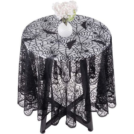 69 tums polyester spetsduk | Rund svart spindelnät bordsduk bordsdekorationsduk för halloweenfester bordsdekorationer