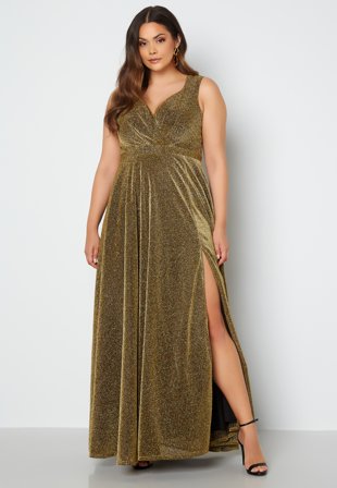 Goddiva Curve - Glitter Wrap Front Maxi Curve Dress With Split - Gold - Kläder - - Bubbleroom Omlottklänning