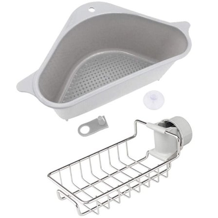 Vaskesilkurv og metall kjøkkensvamp holder sett, avløpsbrett vask oppbevaringsstativ med sugekopp for støtte