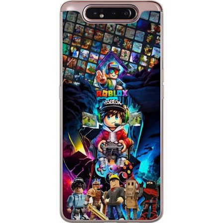 Samsung Galaxy A80 Gjennomsiktig deksel Fargerikt Roblox-kollasje med spillkarakterer, kontroller og neonlys - energirik spilldesign