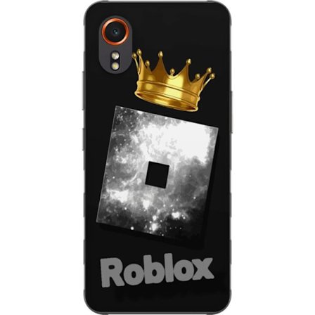 Kompatibelt Mobildeksel til Samsung Samsung Galaxy Xcover7 Minimalistisk svart og sølvfarget Roblox-symbol med gylden krone og luksuriøs gamer-estet
