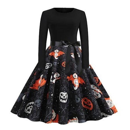 Mub- ZHEZHE Adults Halloween Costume Long Sleeve Women's Dresses Printed Maxi Ladies Dress Women Halloween Clothes WIth Belt