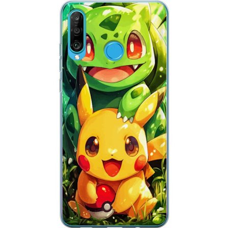 Kompatibel Mobilcover til Huawei Huawei P30 lite Pikachu og Bulbasaur sidder tæt sammen i et soloplyst skovlandskab og spreder varme, venskab og char