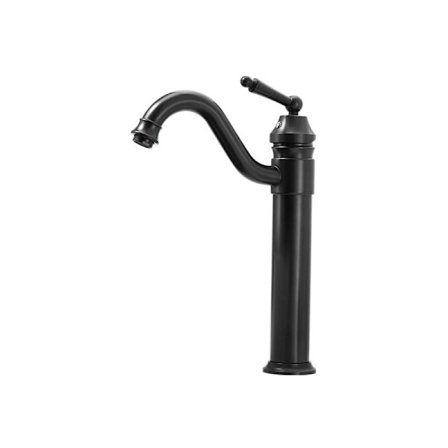 Badrumsarmatur för tvättställ, hög armatur med matt svart finish, solid mässingskonstruktion, design med ett hål för däckmontering med popup-