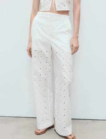 Mango Straight-Fit Embroidered Cotton Trousers - White - 42