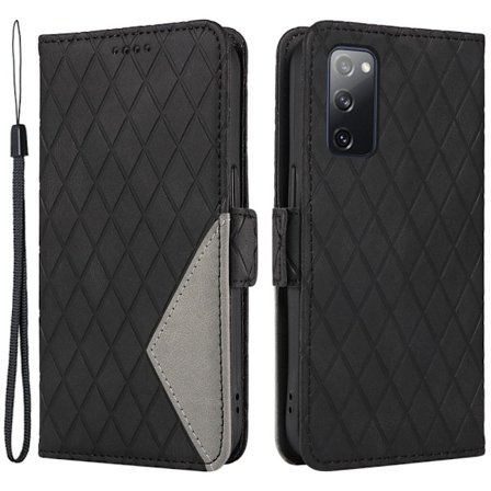 För Samsung Galaxy S20 FE / S20 FE 5G / S20 FE 2022 / S20 Lite Color Splicing Läderfodral Rhombus Imprinted Plånbok Stativ Telefonskal - Svart