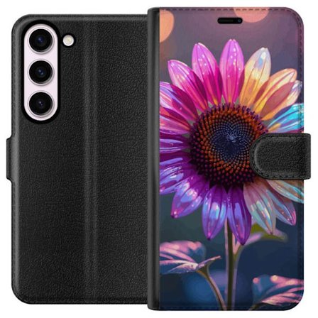 Kompatibelt Lommeboketui til Samsung Galaxy S23 Irideserende blomst med glitrende kronblad i rosa lilla og gull mot myk bokeh bakgrunn