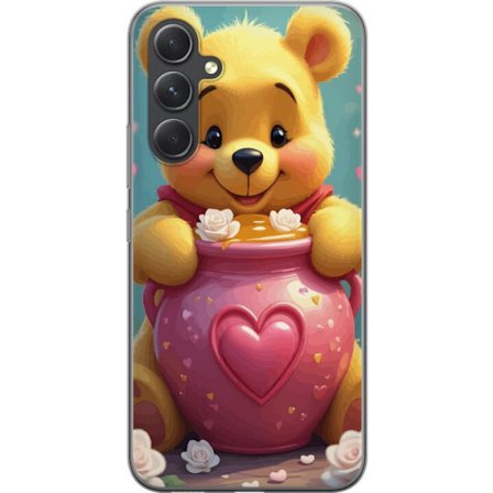 Yhteensopiva Puhelinkuori Samsung Samsung Galaxy A55 Suloinen keltainen karhu, joka on inspiroitu Nalle Puhista. Mukana on vaaleanpunainen sydänaskar