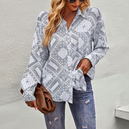 Kvinnor Button Down Långärmad Lapel Neck Toppar Med Pocket Blus