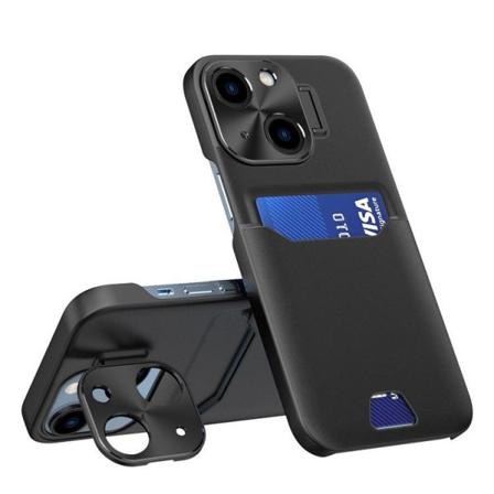 iPhone 14 Cover Kortholder Læder Kickstand - Sort